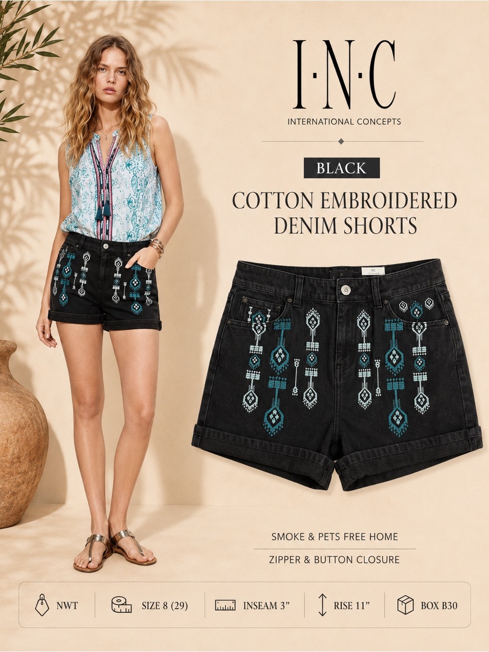 INC International Concepts Black Embroidered Denim Shorts NWT Size 8 / 29